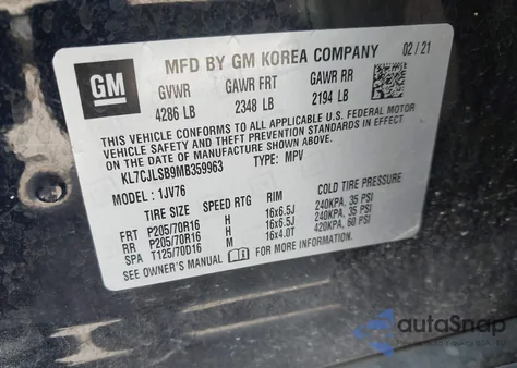 2021 Chevrolet Trax Fwd Lt из США, поврежденный, VIN KL7CJLSB9MB359963